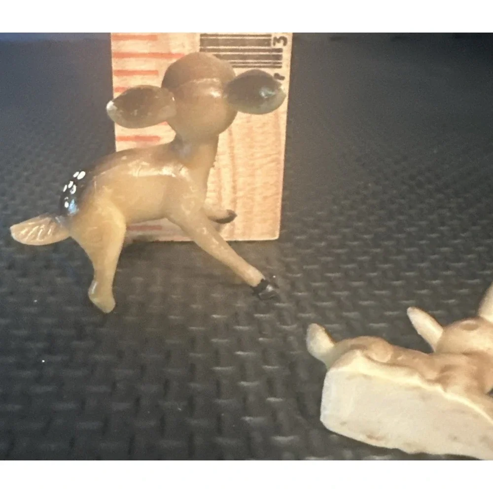 Vintage Doe & Fawn Plastic Deer Figurines Big Blue Eyes - Doe has 3 Legs